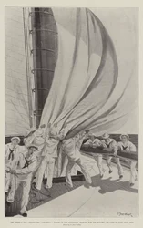 Der America Cup, an Bord der Columbia, Einholen des Spinnakers, zeigt wie die Luken zum Verstauen des Segels genutzt werden